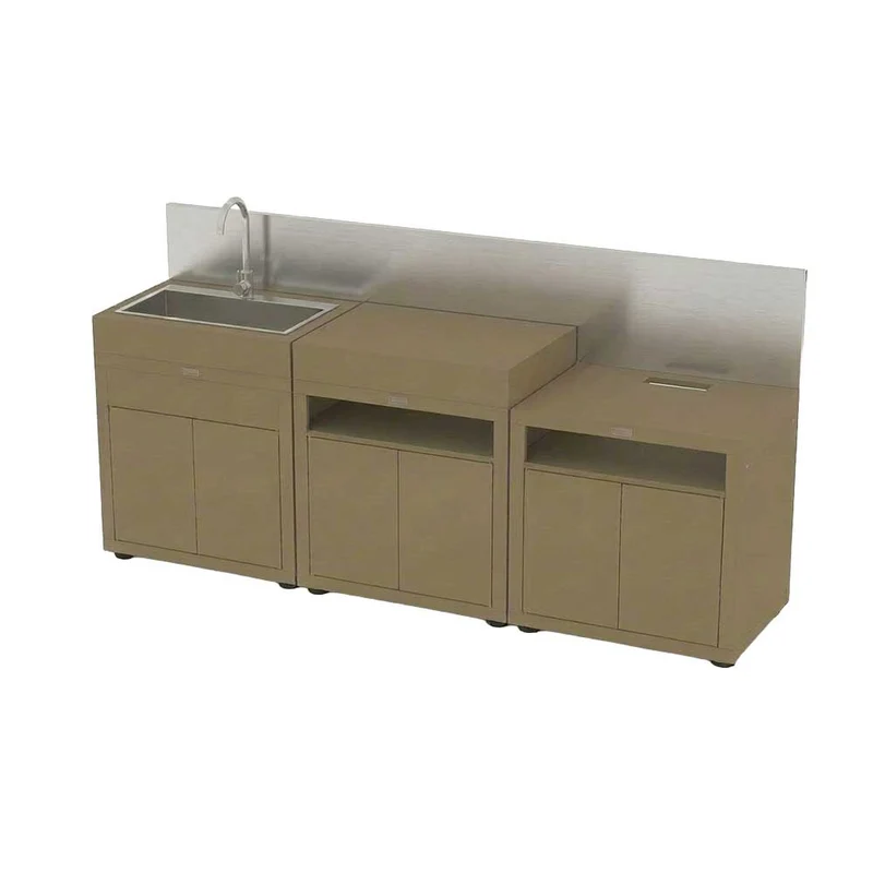Cuisine 3 Eléments Taupe avec crédence inox - LE MARQUIER