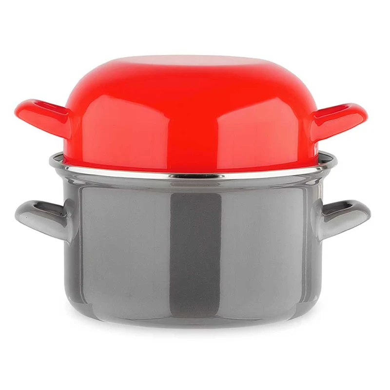 Marmite à moules grise et couvercle rouge - BAUMALU