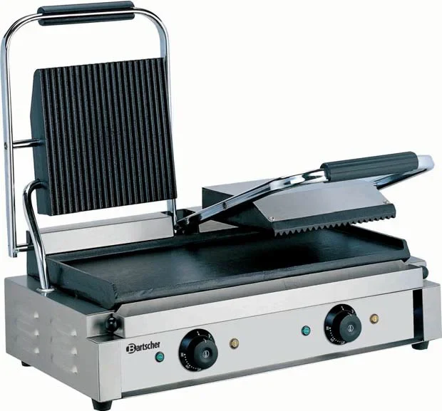 Grill à contact / grill à panini double 3,6 kW plaques de cuisson supérieures rainurées, inférieures lisses