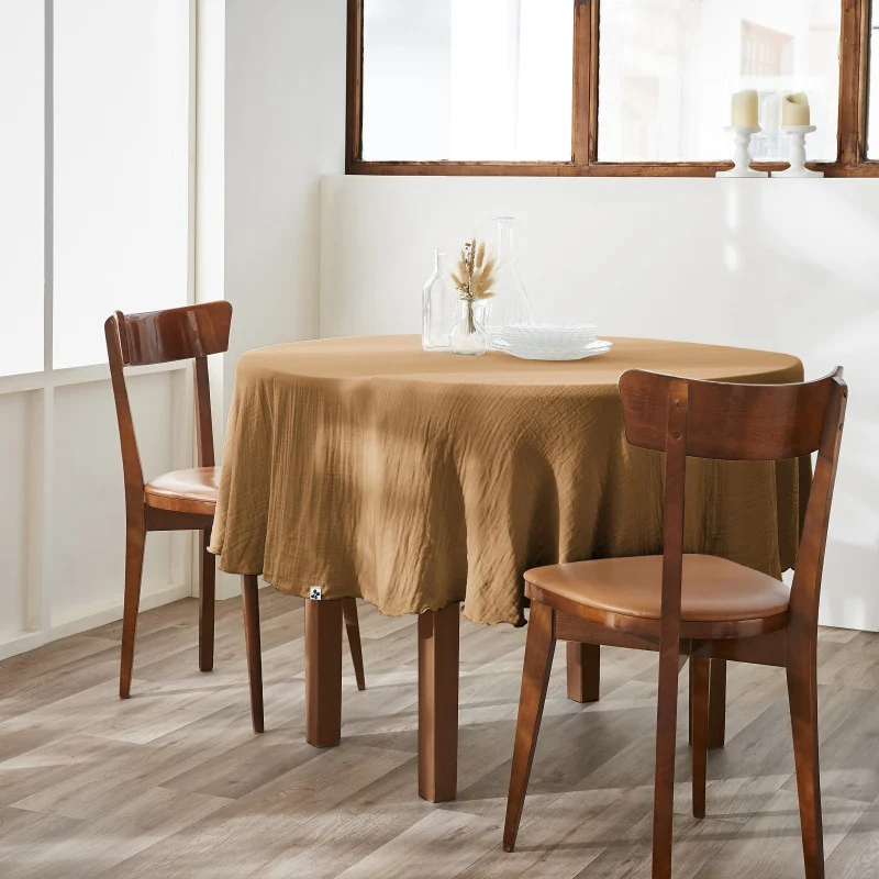 Nappe ronde (0) 180 cm Gaze de coton unie GAÏA Camel