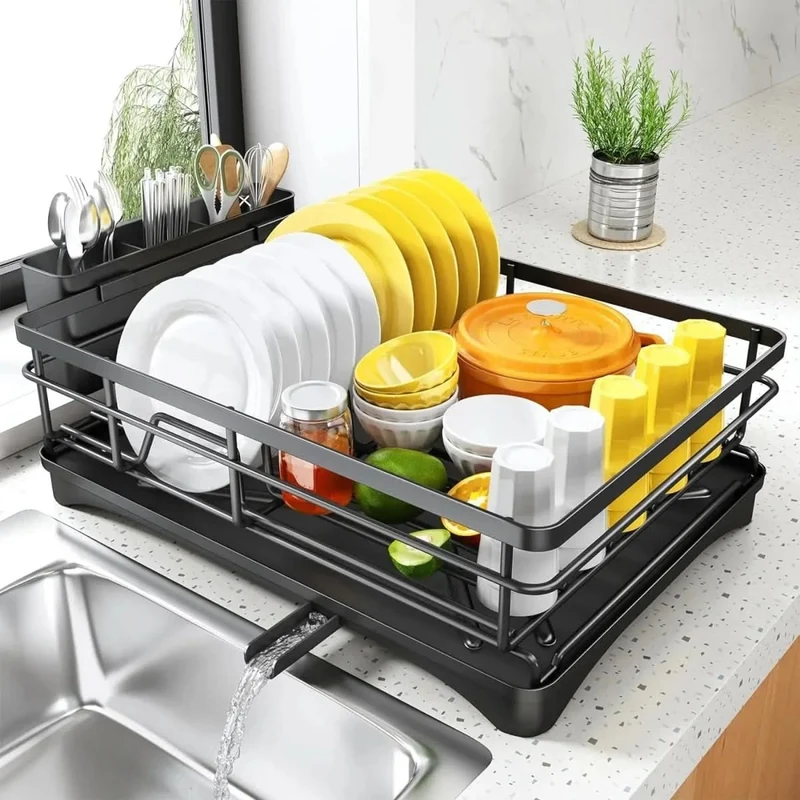 Dish Drying Rack with Expandable Over the Sink Design and Integrated Drip Tray