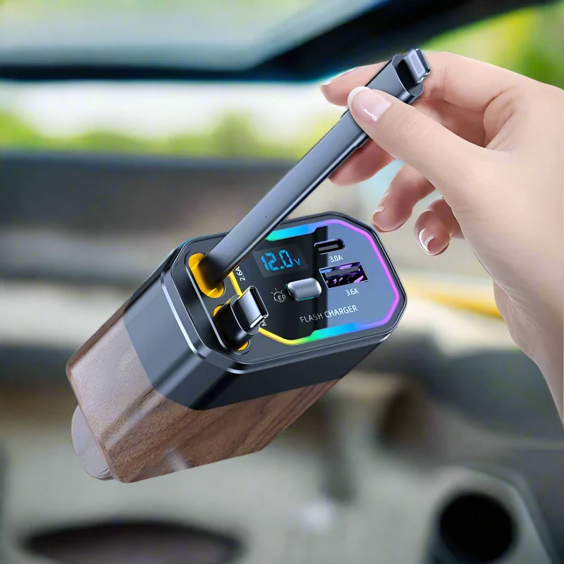 4-in-1 120W Retractable Car Charger with USB-C and USB-A Cables
