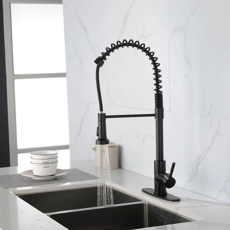 Matte Black Pull-Down Kitchen Faucet — Solid Brass Single Handle Spring Sprayer