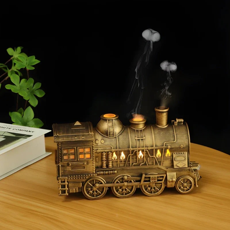 Humidifier styled like a vintage train with LED mist effect