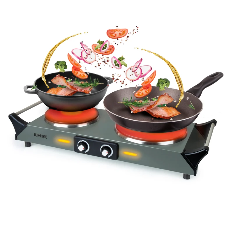 Duronic HP2 GG Plaque de cuisson électrique 2500W avec 2 foyers 20 et 15 cm Foyers en fonte 20 et 15 cm Réchaud avec thermostat réglable Poignées ergonomiques Pieds antidérapants Idéal pour camping