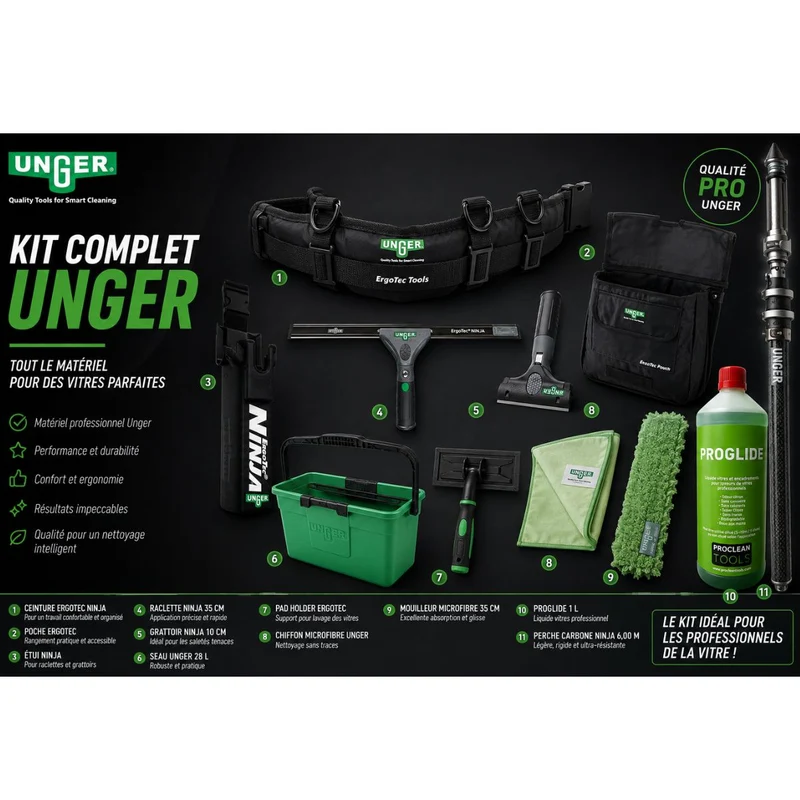 UNGER kit Ninja Laveur de vitres avec perche carbone