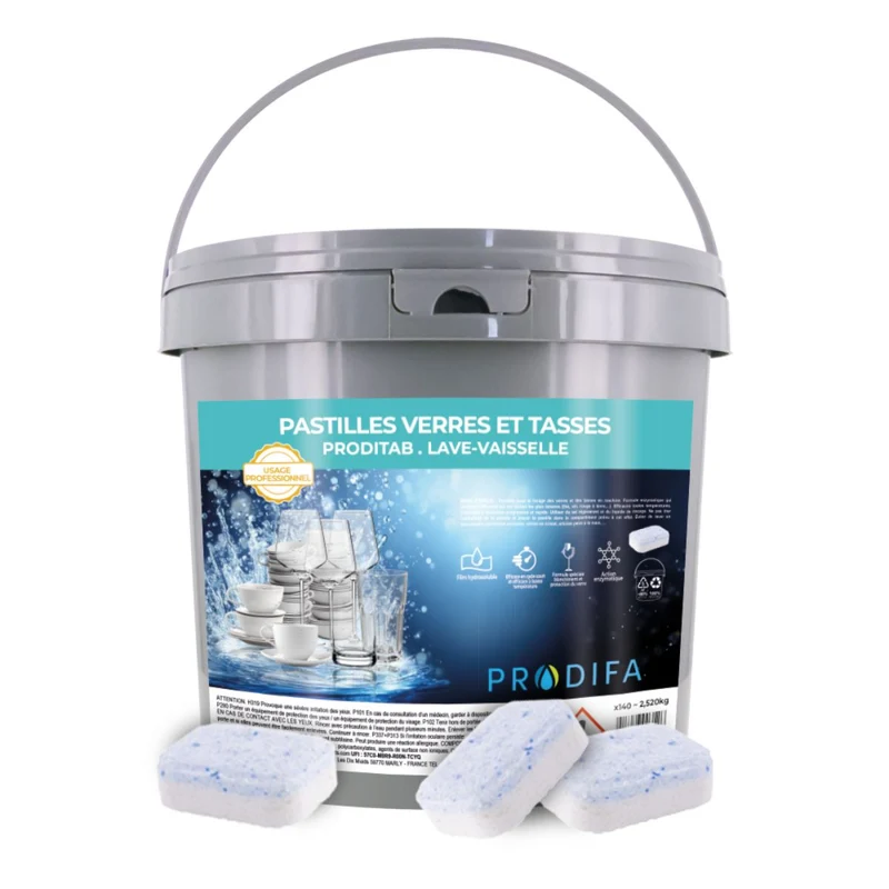 PRODITAB Pastilles Lave-Verres Professionnelles Cycle Court 18 g – Seau 140 Pastilles