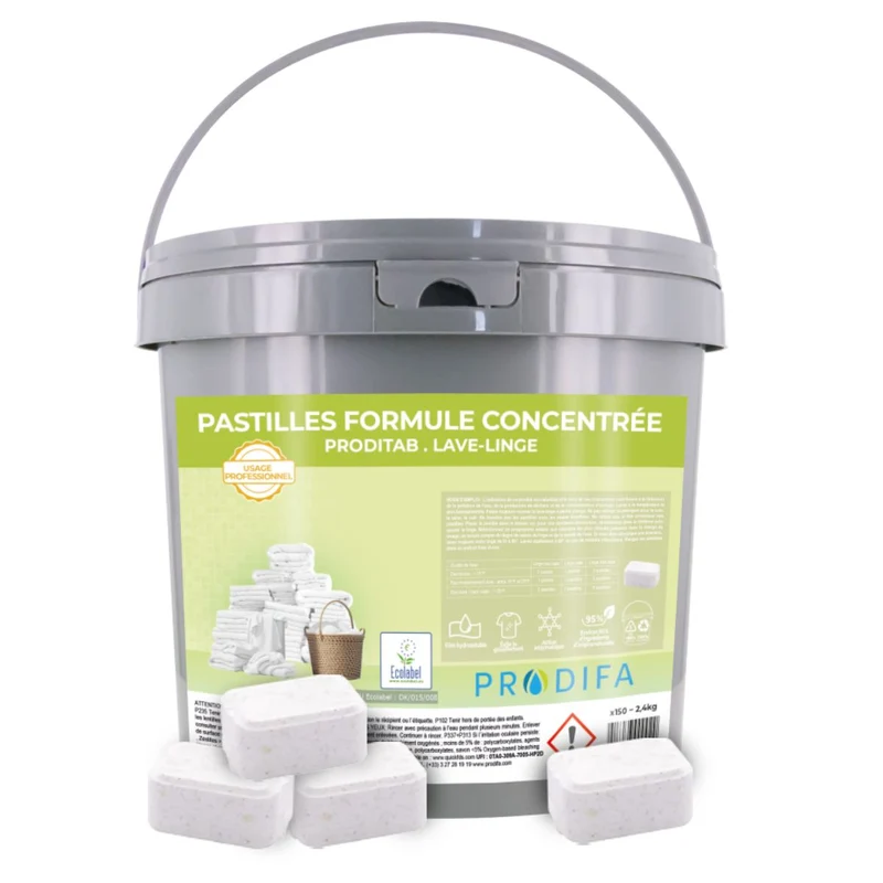 PRODITAB Pastilles Linge ECOLABEL Hydrosolubles 22 g pour Lave-Linge Professionnel – Seau 150 Pastilles