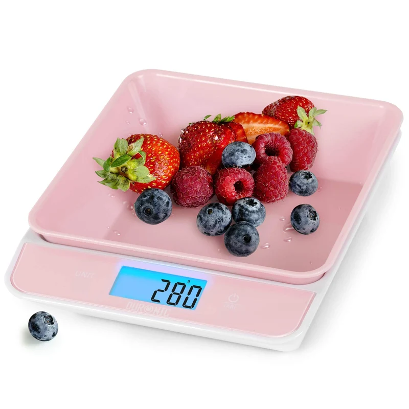 Duronic KS100 PK Balance de cuisine rose | Capacité de 5 kg | Bol de 1,2L inclus | Large écran rétroéclairé | Fonction d’ajout de poids | 4 capteurs précis | Idéale pour la pâtisserie ou comme balance postale