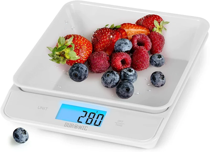 Duronic KS100 WH Balance de cuisine blanche | Capacité de 5 kg | Bol de 1,2L inclus | Large écran rétroéclairé | Fonction d’ajout de poids | 4 capteurs précis | Idéale pour la pâtisserie ou comme balance postale