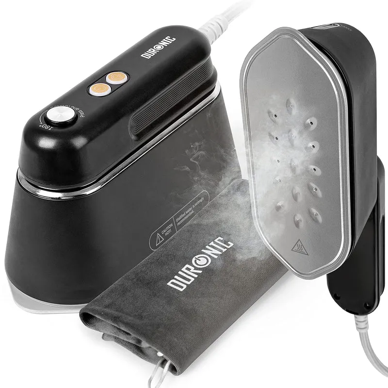 Duronic HS90 BK Fer à repasser de voyage Portable Utilisation horizontale et verticale 2 fonctions vapeur Poignée rétractable Compact et léger pour déplacements Sacoche base et cruche incluses