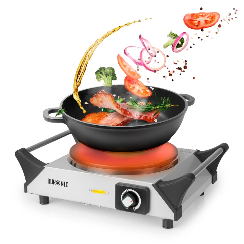 Duronic HP1 SS Plaque de cuisson chauffante électrique avec foyer en fonte de 20 cm | 1500W | Compacte et mobile | Poignées ergonomiques | Thermostat | Cuisinière pour camping, camping-car, caravane