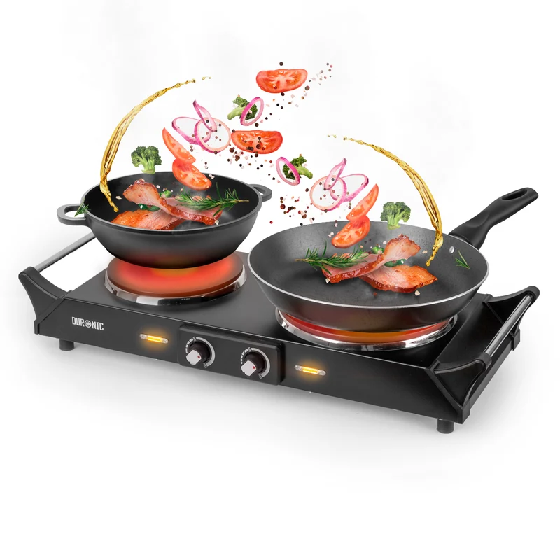 Duronic HP2 BK Plaque de cuisson électrique 2500W avec 2 foyers 20 et 15 cm Foyers en fonte 20 et 15 cm Réchaud avec thermostat réglable Poignées ergonomiques Pieds antidérapants Idéal pour camping