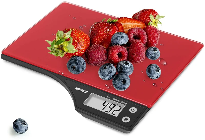 Duronic KS350 Balance de cuisine en verre rouge | Capacité de 5 kg | Affichage digital | 2 touches | Fonction d’ajout de poids | Précision à 1 g | Idéale pour la pâtisserie ou comme balance postale