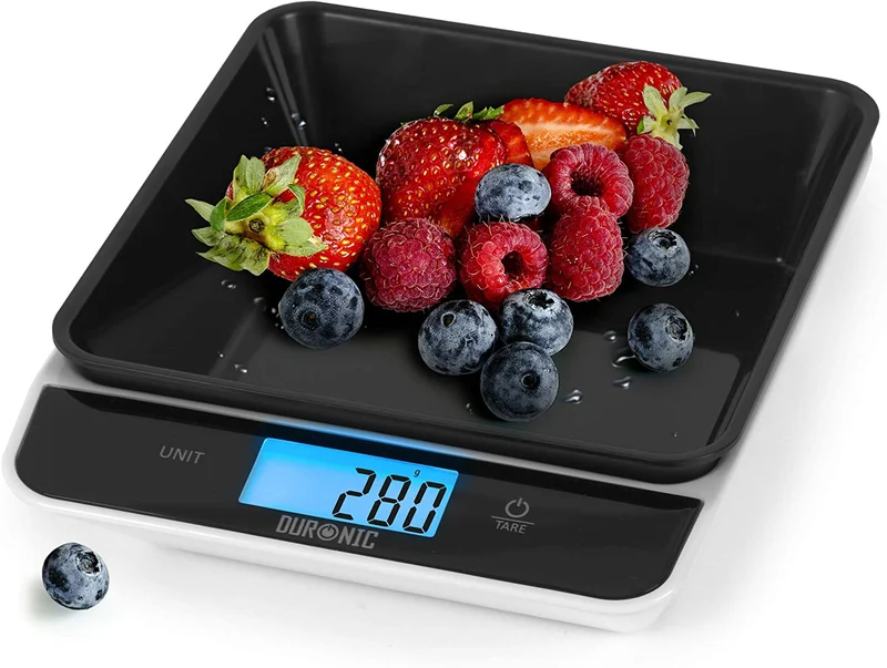 Duronic KS100 BK Balance de cuisine noire | Capacité de 5kg | Bol de 1,2L inclus | Large écran rétroéclairé | Fonction d’ajout de poids | 4 capteurs précis | Idéale pour la pâtisserie ou comme balance postale