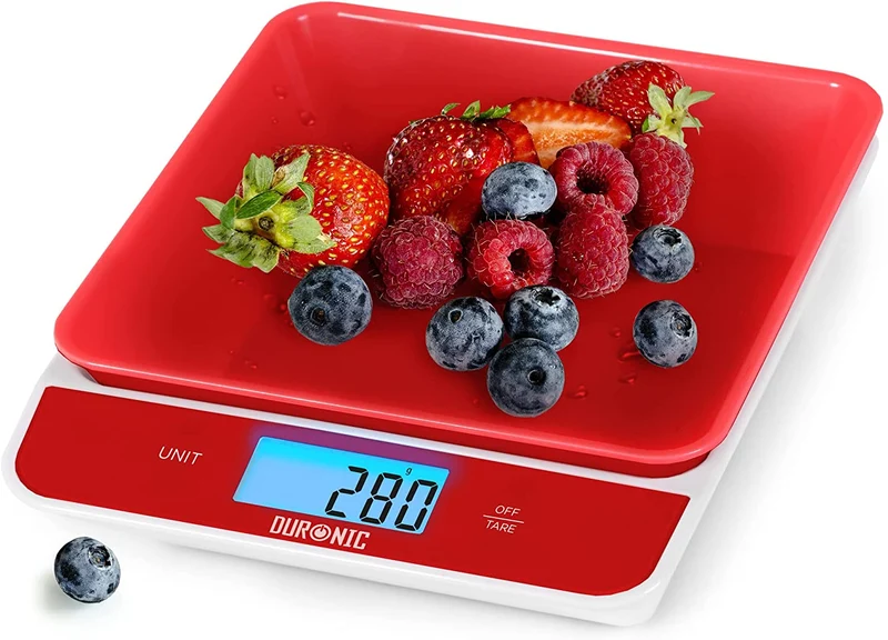 Duronic KS100 RD Balance de cuisine rouge | Capacité de 5 kg | Bol de 1,2L inclus | Large écran rétroéclairé | Fonction d’ajout de poids | 4 capteurs précis | Idéale pour la pâtisserie ou comme balance postale